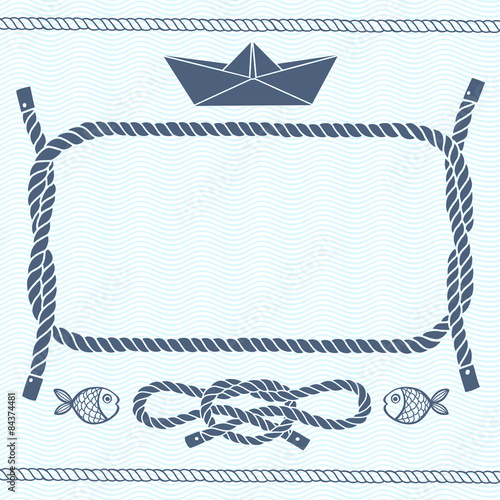 Nautical card with frame, marine knots, fishes and paper boat.