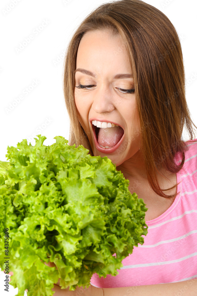 Healthy young woman with bunch of lettuce isolated on white Healthy young woman with bunch of lettuce isolated on white