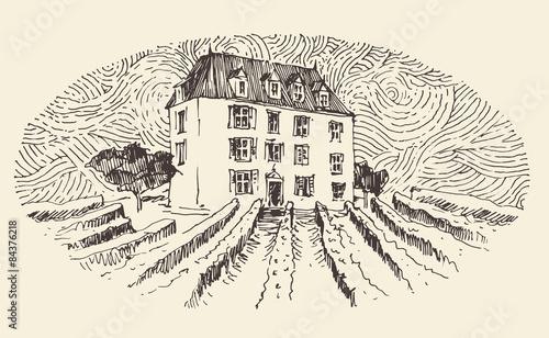 French Province, Wine Label Menu, Vintage Engraved photo