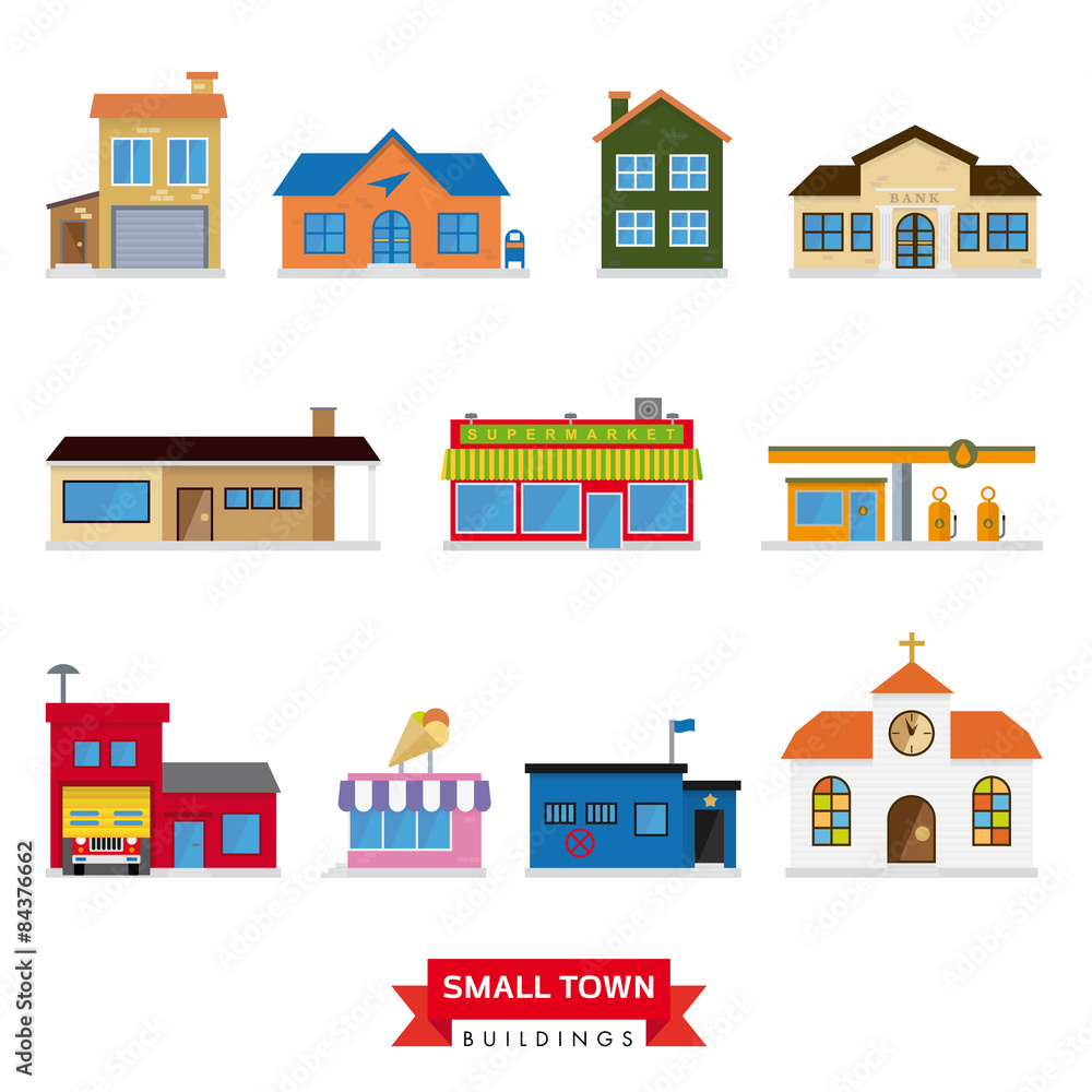 Small Town Buildings Vector Set