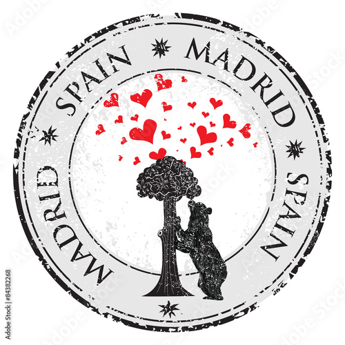 Love heart stamp with statue of Bear and strawberry tree and the words Madrid, Spain inside, vector illustration