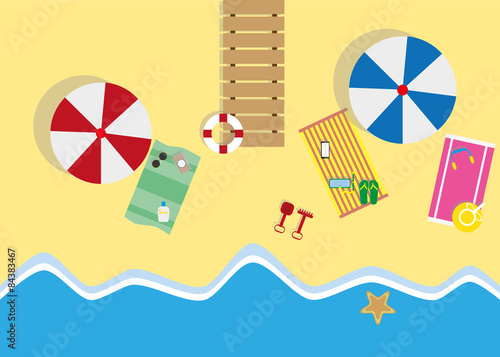 Summer beach in flat design, sea side and beach items