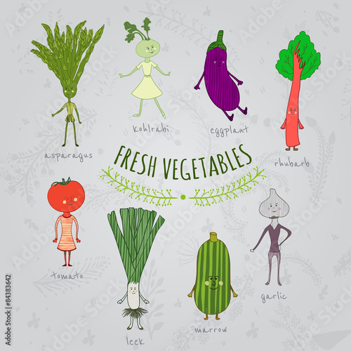 set of cartoon hand drawn vegetables characters