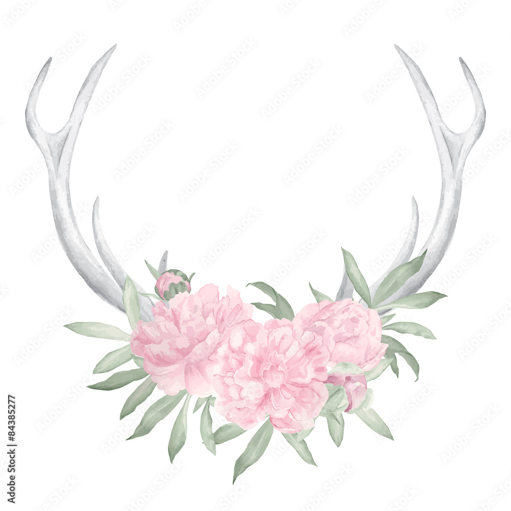Obraz Akwarela poroża jelenia i kwiaty