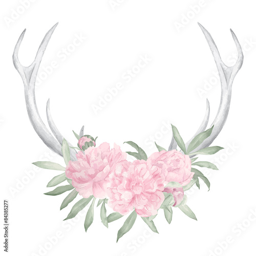 Obraz na płótnie Akwarela poroża jelenia i kwiaty