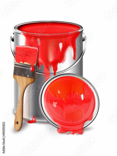 Farbtopf mit roter Farbe und Pinsel, freigestellt