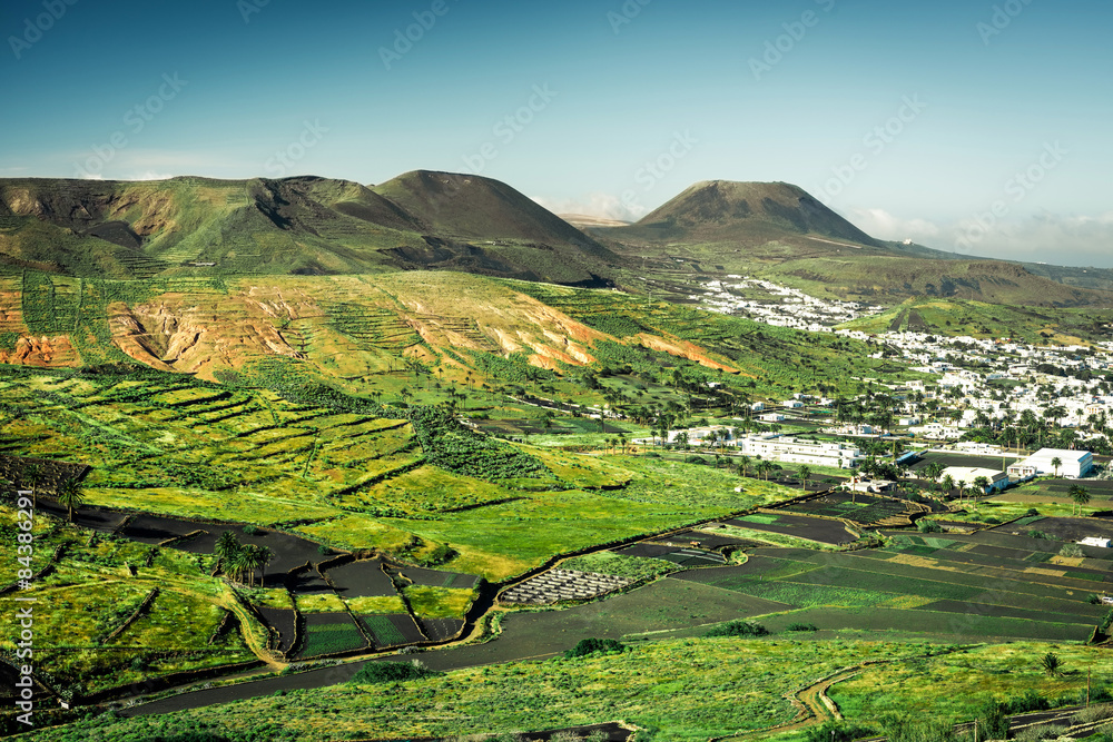 mountain landscape with green field 