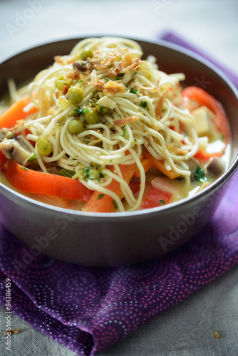 Mie-Nudeln mit Gemüse, Tofu und gerösteten Zwiebeln photo