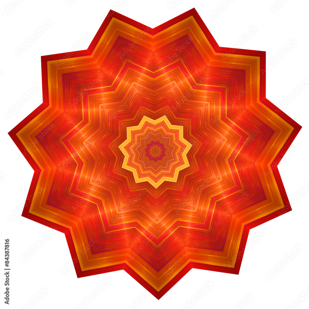 Illustration of abstract red flower in polygon shape with striped pattern and included polygons inside. Image shows rich red and orange colors with glowing effect.