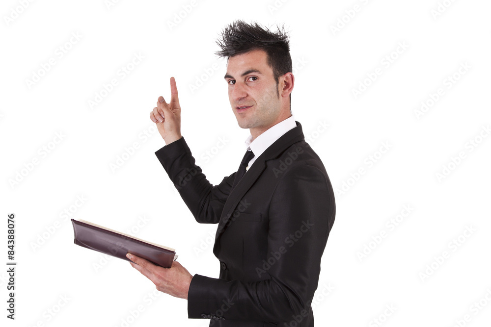 business man gesturing with book business man gesturing with book