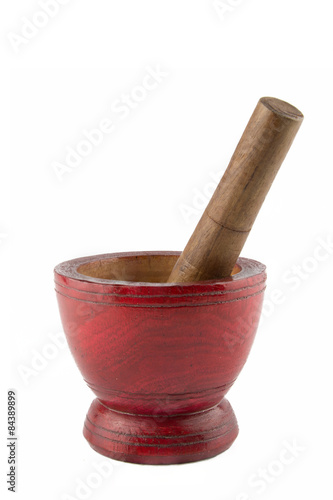 Wooden mortar and pestle isolated on white background