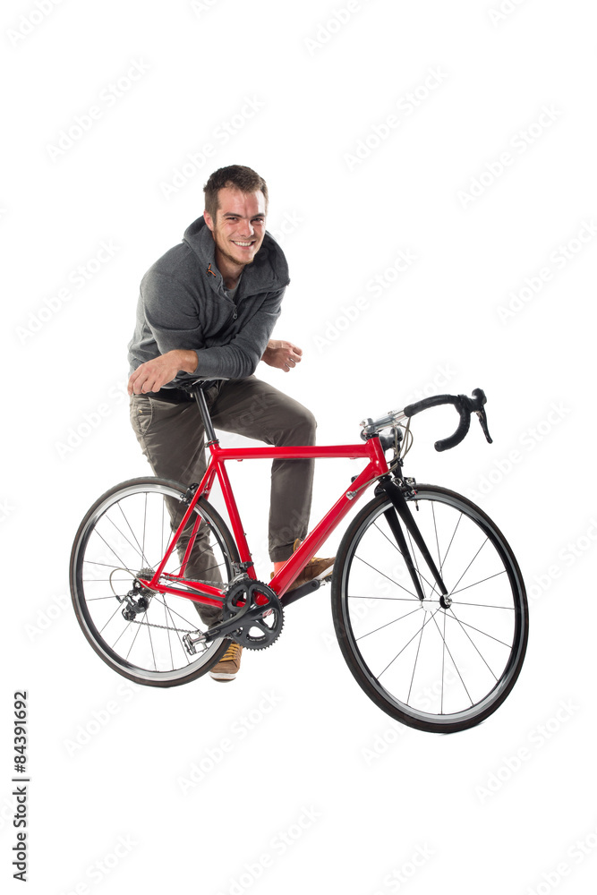 Young Male On Bicycle Isolated Over White Background Young Male On Bicycle Isolated Over White Background