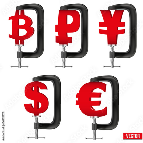 Set of Currency symbols being squeezed in a vice