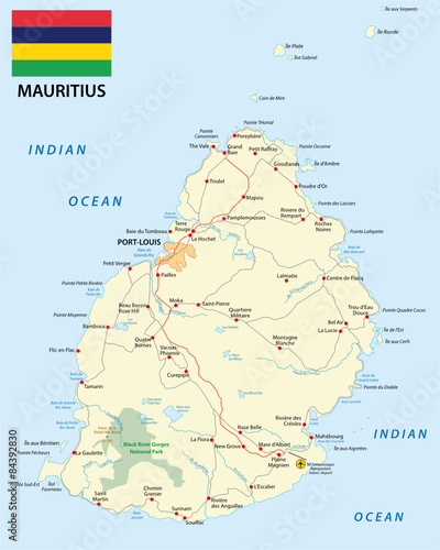 mauritius road map with flag