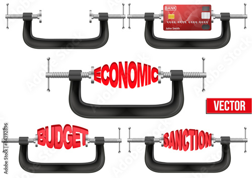 Set of Economy and budget being squeezed in a vice. photo