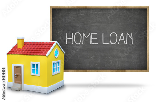 Home loan text on blackboard with 3d house