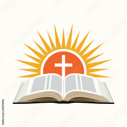 Bible, sunset and cross. Church logo concept. Isolated on white
