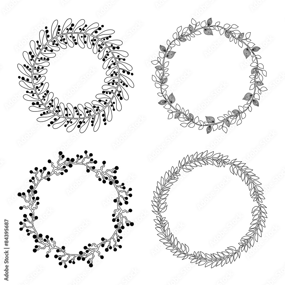 Set of round hand drawn floral frames on white background. Set of round hand drawn floral frames on white background.