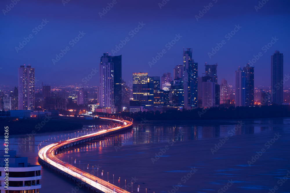 Panama City Night Skyline View Of Traffic Cars On Highway