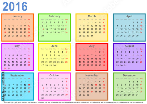 Kalender 2016 mit bunten Monatsfeldern und Feiertagen USA
