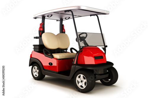 Red colored golf cart on a white isolated background