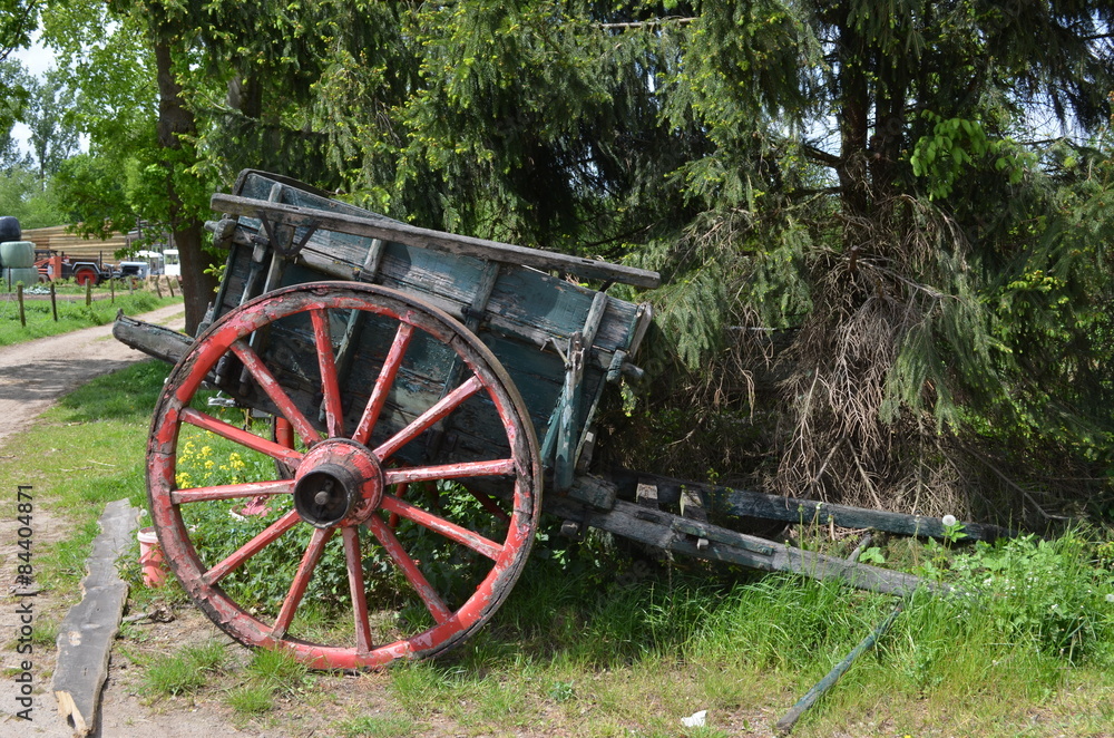 Old wooden horse cart with red wheel