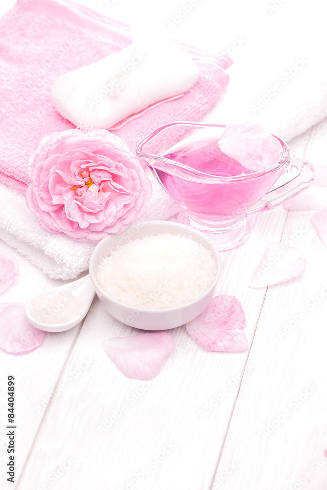 sea salt and essential oils, pink tea rose flower. spa sea salt and essential oils, pink tea rose flower. spa