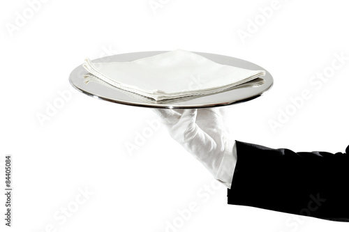 Kellner serviert mit Tablett mit Stoff Serviette, Freisteller