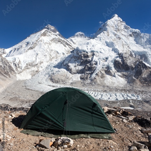 mount Everest, Lhotse and nuptse with green tent