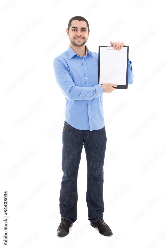 handsome bearded arabic man showing clipboard with copy space is handsome bearded arabic man showing clipboard with copy space is