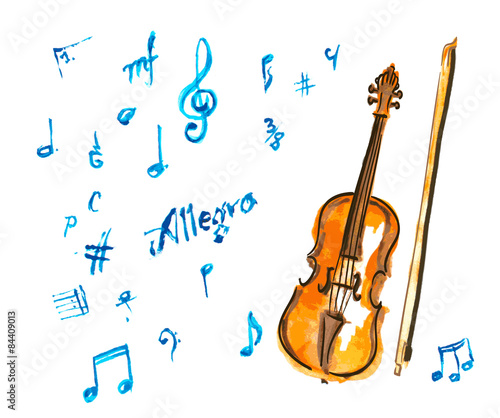 watercolor hand drawn violin and musical notes