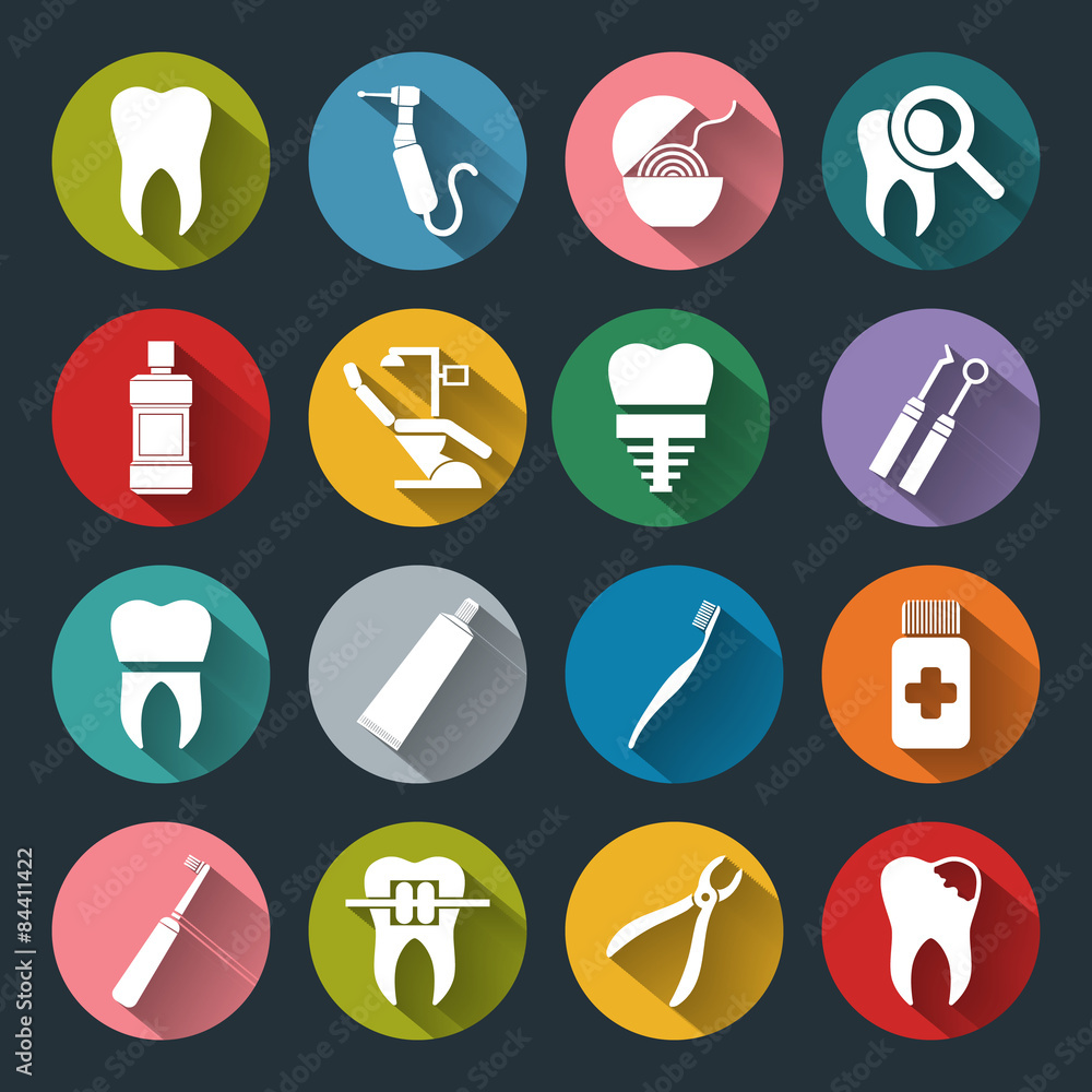 Set of vector Dental Icons in flat style with long shadows.