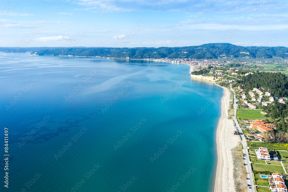Aerial view of Aigeopelagitika beach in Halkidiki, Greece