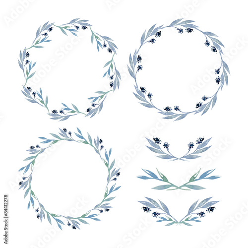 Set of round frames and vignettes made of watercolor branches