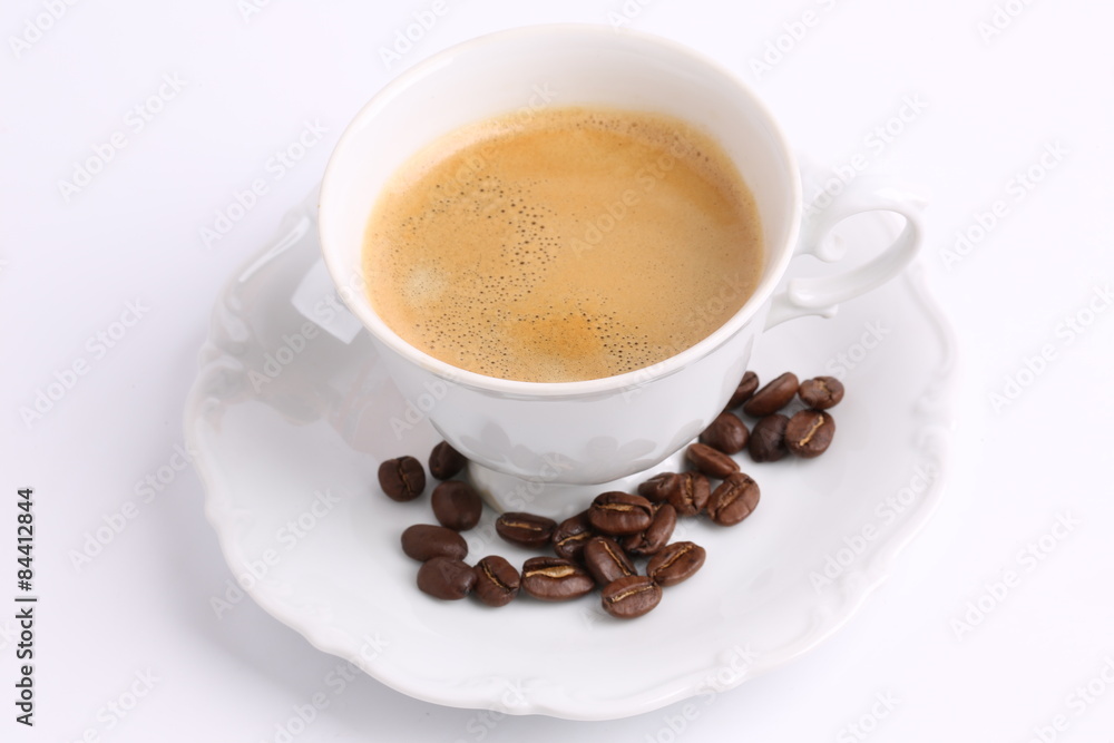 Fototapeta premium white mug of coffee beans isolated on white background ceramic china chicory