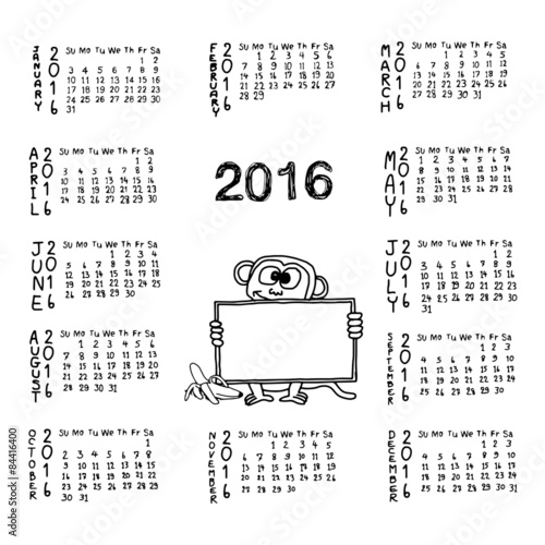 doodles of calendar for 2016 with monkey holding white blank boa