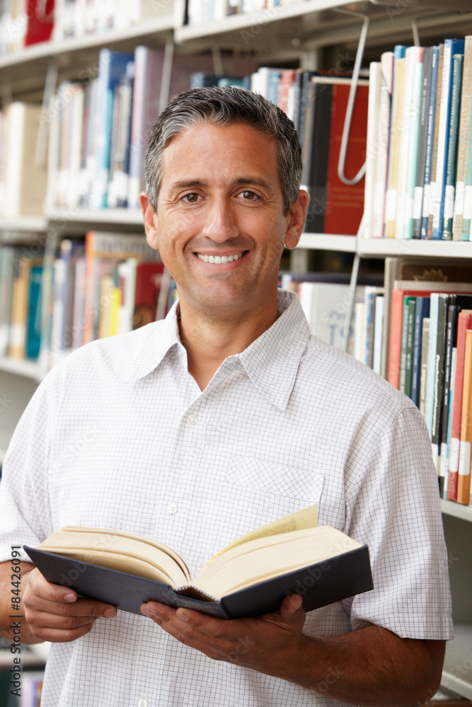 Mature student in library Mature student in library