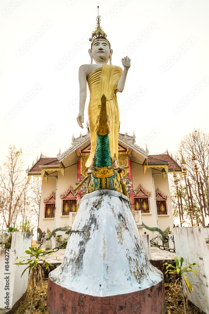 Obraz premium Standing buddha statue front of church of Wat Phra That Doi Gongmoo in Maehongson, Thailand, under white cloudy sky