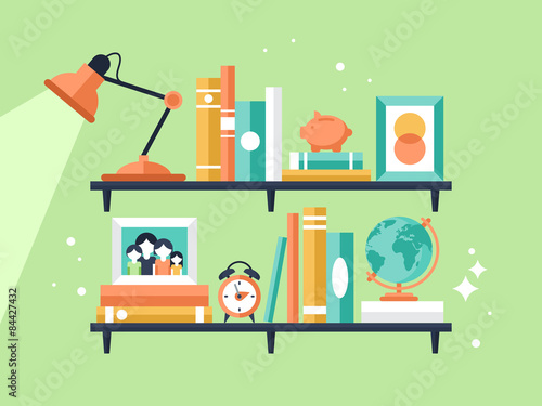 Books on bookshelf in flat modern style