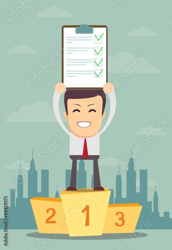 Businessman holding up winning Document in Which All Approved