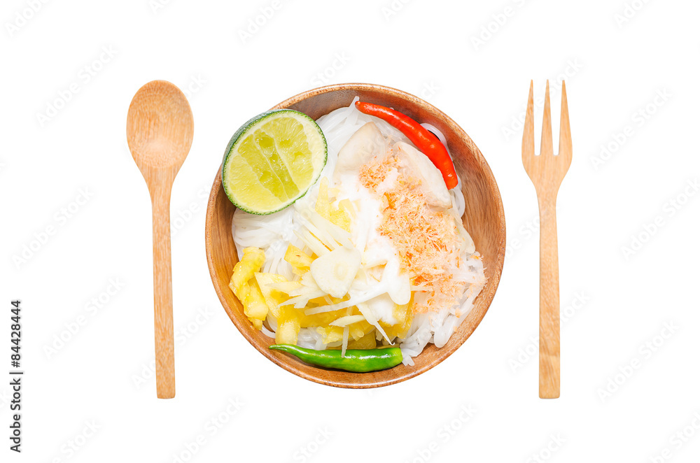 Vermicelli noodle with powdered shrimps and pineapple slices Stock