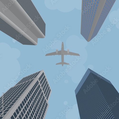 Airplane flying over skyscrapers. EPS10.