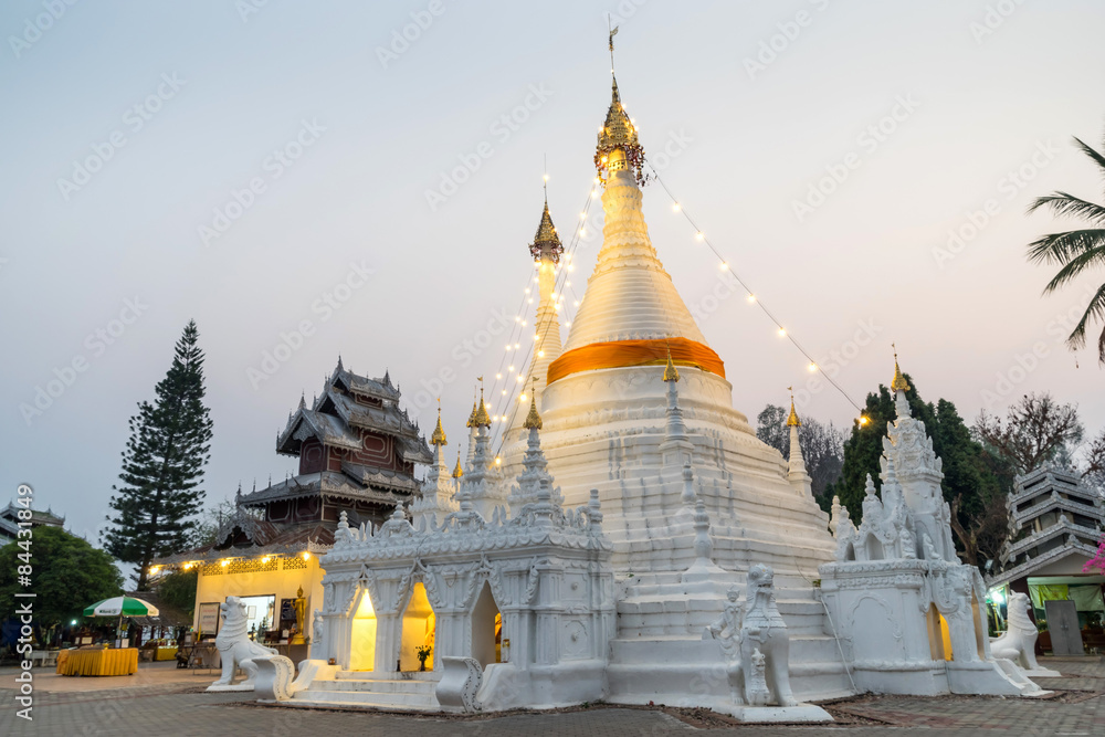 White pagoda in Wat Phra That Doi Gongmu landmark of Maehongson