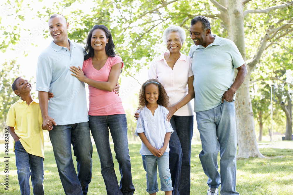Multi Generation African American Family Walking In Park Multi Generation African American Family Walking In Park