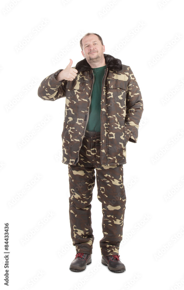 Worker in Camouflage winter jacket.