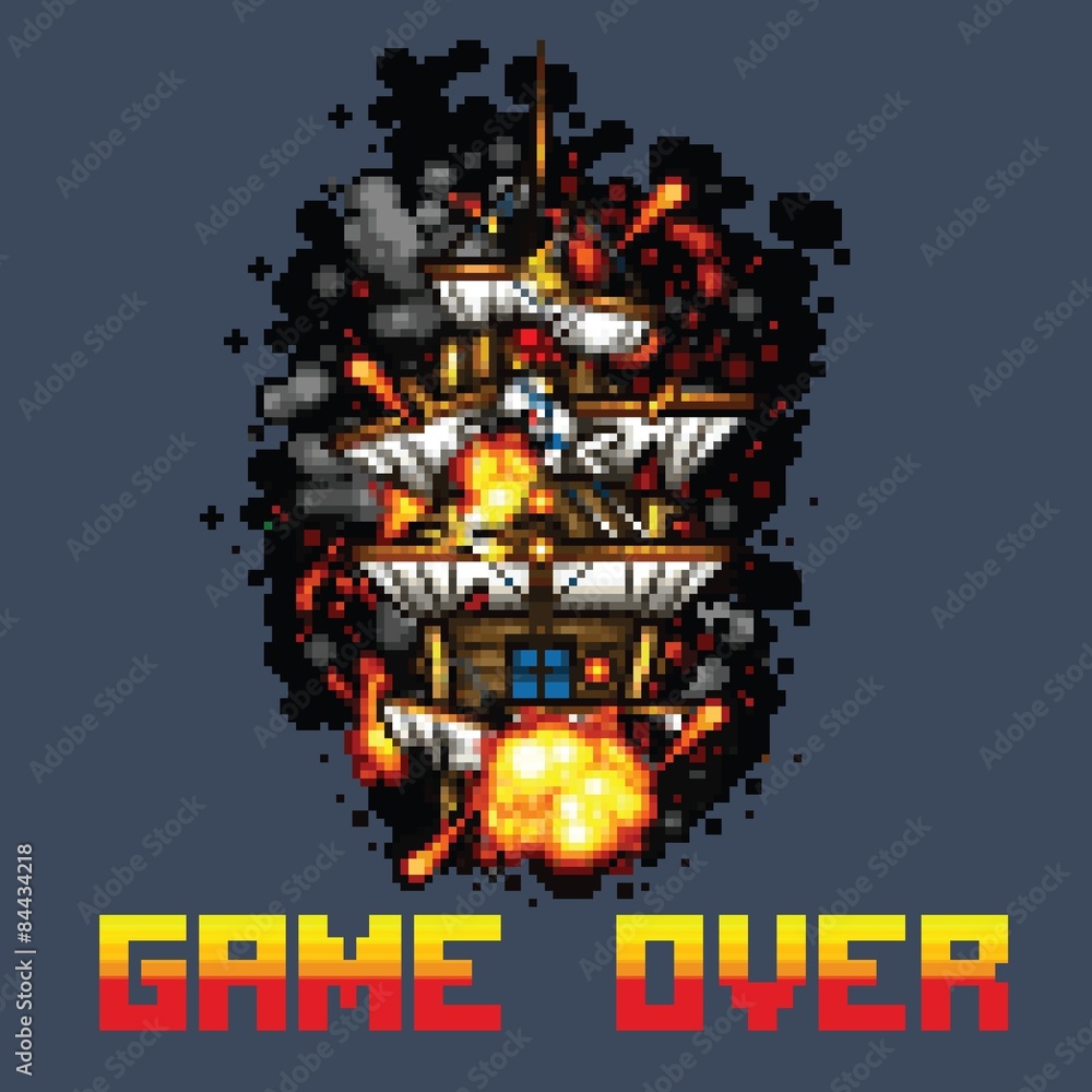 pirate ship on fire game over message pixel art style illustration
