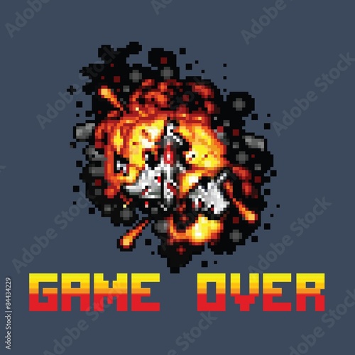 space ship on fire pixel game over message pixel art illustration