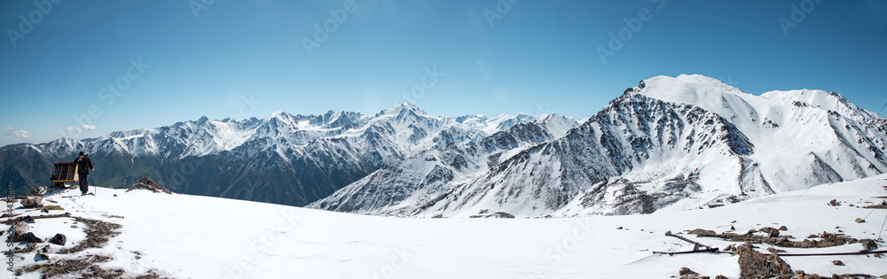 Panorama of Trans-Ili Alatau mountains. Top view from Big Almaty
