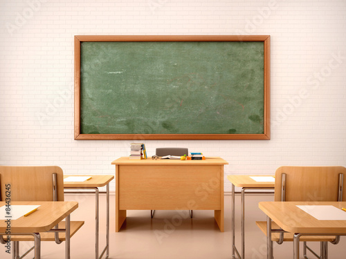 3d illustration of bright empty classroom for lessons and traini photo