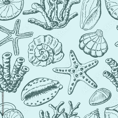 Seamless pattern with shells, coral and starfish on blue background